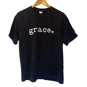 Grace Heart Faith Graphic T-Shirt Black Short Sleeve Cotton Crew Neck Medium